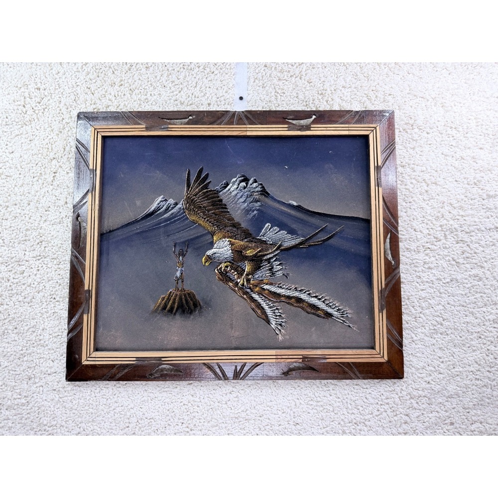 Vintage‎ Mexican Thread Art Velvet Painting Eagle Mountain Carved Frame Large